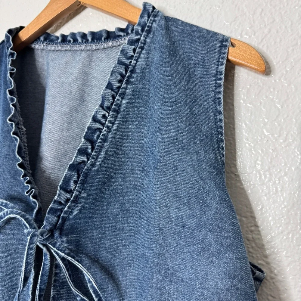 Blue Denim Ruffle Bottom Vest Tie Front Tank Top Cottagecore Boho Womens Large